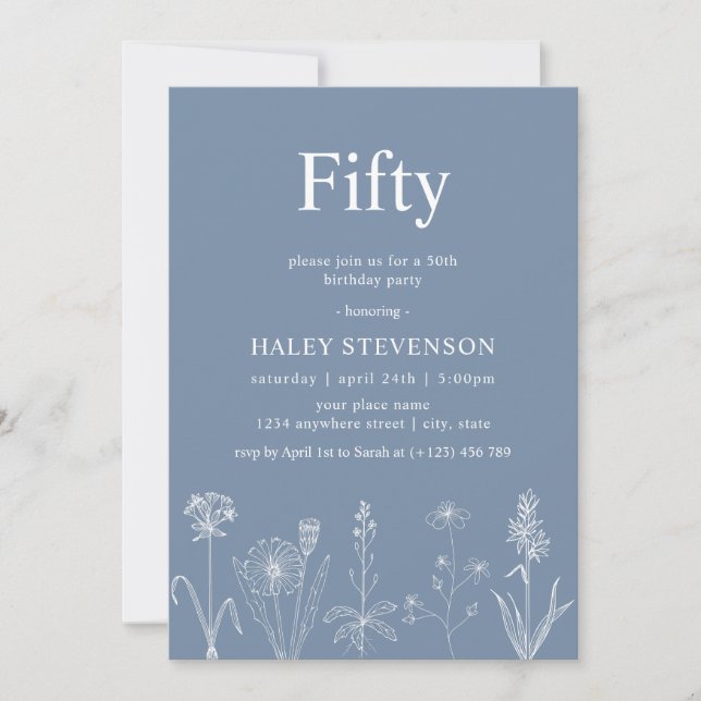 Invitation Fleur sauvage Floral Cinquante Dusty Blue 50e anni (Devant)