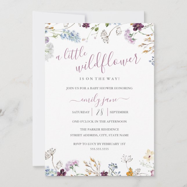 Invitation Fleur sauvage Floral Nature Baby shower pourpre (Devant)