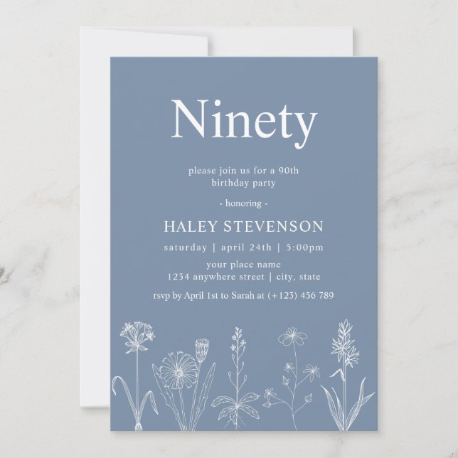 Invitation Fleur sauvage Floral Ninety Dusty Blue 90e anniver (Devant)