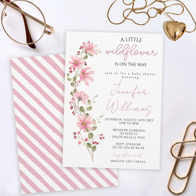 Invitation Fleur sauvage floral rose aquarelle bébé douche fi (Créateur téléchargé)