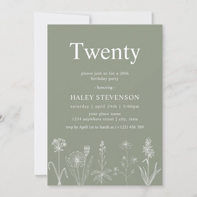 Invitation Fleur sauvage Floral Vingt Sage Vert 20e anniversa (Devant)