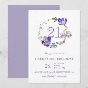Invitation Fleur sauvage Floral violet Vintage 21e anniversai