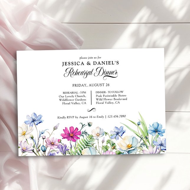 Invitation Fleur sauvage Garden Floral Mariage Dîner de répét (Rehearsal Dinner Invitation from the Wildflower Garden Wedding Collection by Darling & May)