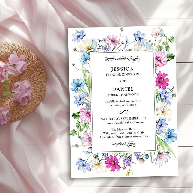 Invitation Fleur sauvage Garden Floral Mariage encadré (Wildflower Garden Wedding Invitation by Darling & May)