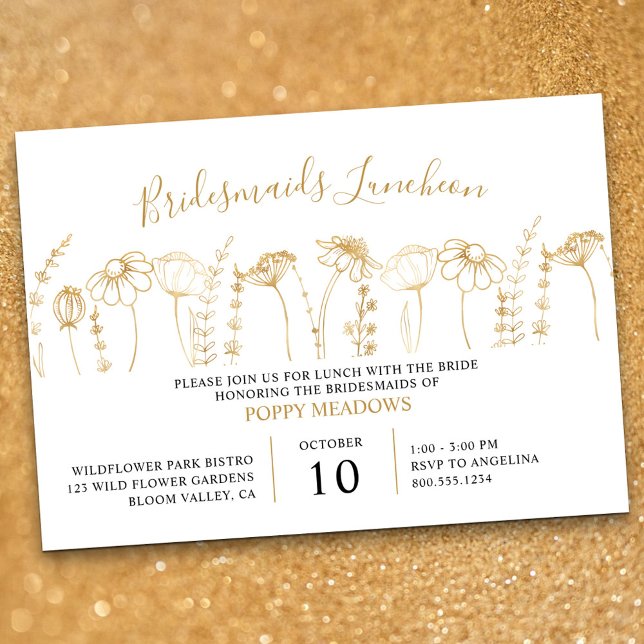 Invitation Fleur sauvage Gold Sketch Bridesmaitres déjeuner (Bridesmaids Luncheon invitation in White & Gold, from my Wildflower Sketch collection)