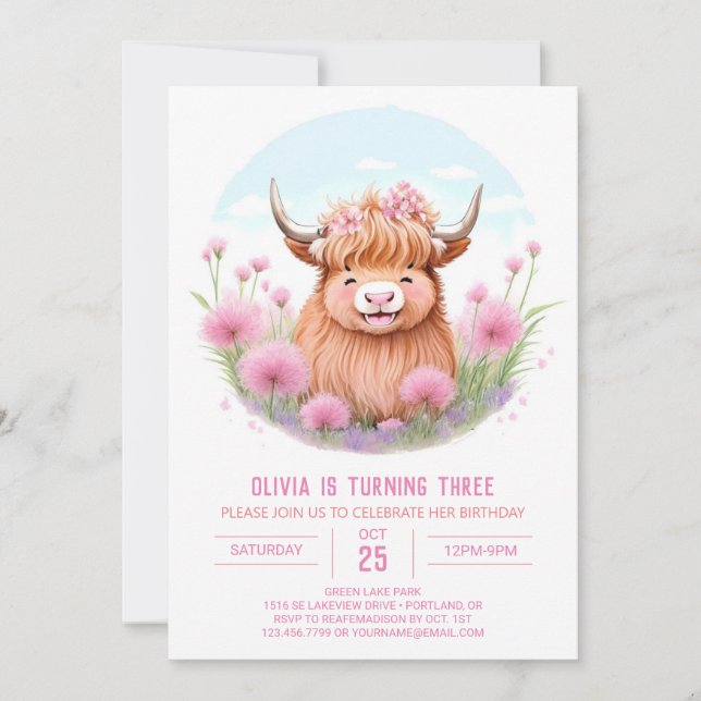 Invitation Fleur sauvage Highland Cow Adventure Anniversaire (Devant)