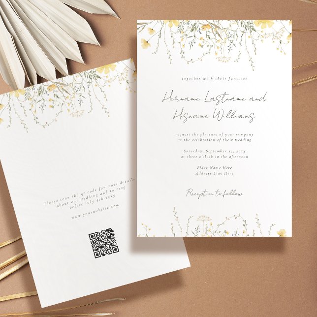 Invitation Fleur sauvage Jaune simple moderne Mariage QR RSVP (Créateur téléchargé)