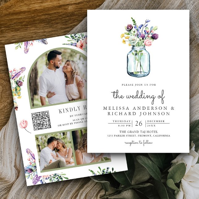 Invitation Fleur sauvage Mason Jar Photo Collage QR Code Mari (Créateur téléchargé)