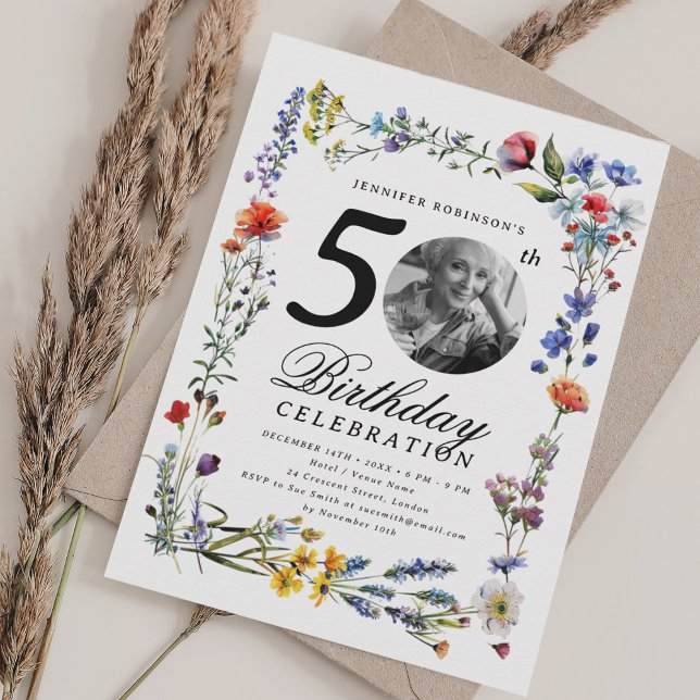 Invitation Fleur sauvage Meadow Photo 50e fête d'anniversaire (Wildflower Meadow Photo 50th Birthday Party Invitation)