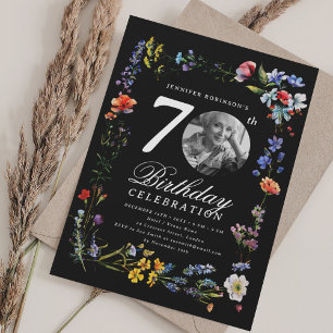 Invitation Fleur sauvage Meadow Photo 70th Birthday Black