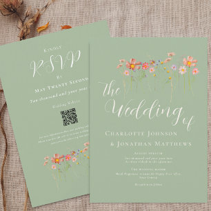 Invitation Fleur sauvage Meadow Sage vert QR Code Mariage