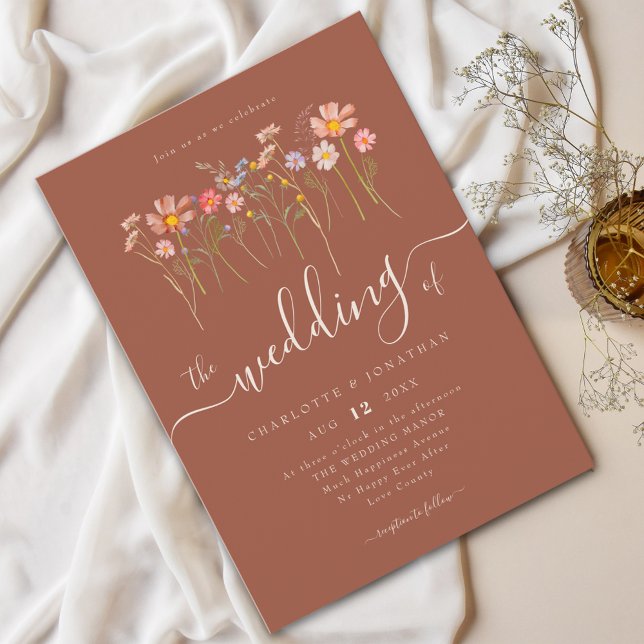 Invitation Fleur sauvage Meadow Script moderne Terracotta & B (Wildflower meadow boho floral terracotta & beige Wedding Elegant modern script watercolor fall color)