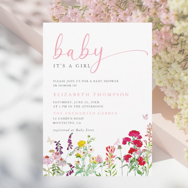 Invitation Fleur sauvage Meadow Sunny Floral Girl Baby shower (wildflowers baby girl shower invitation colorful floral elegant modern calligraphy garden party)