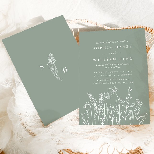 Invitation Fleur sauvage moderne Boho Sage Green Mariage (Créateur téléchargé)