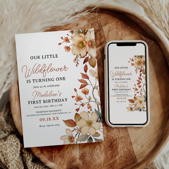 Invitation Fleur sauvage moderne chic Script 1er anniversaire (Créateur téléchargé)
