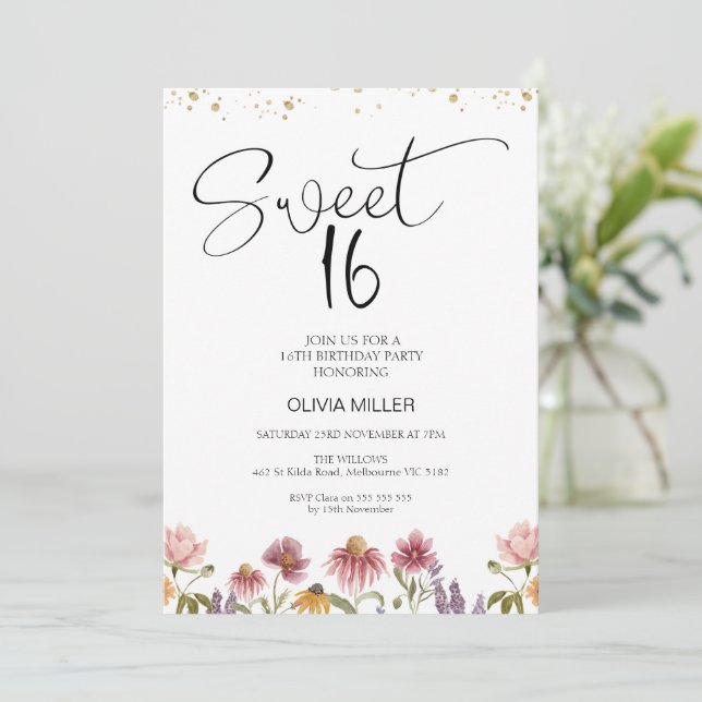 Invitation Fleur sauvage moderne douce 16e anniversaire Invit (Debout devant)