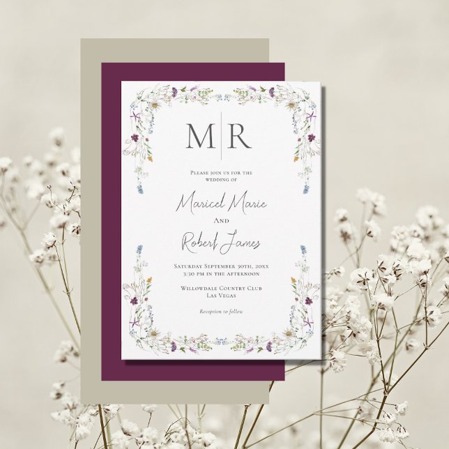 Invitation Fleur sauvage moderne Monogram Bourgogne Mariage (Créateur téléchargé)