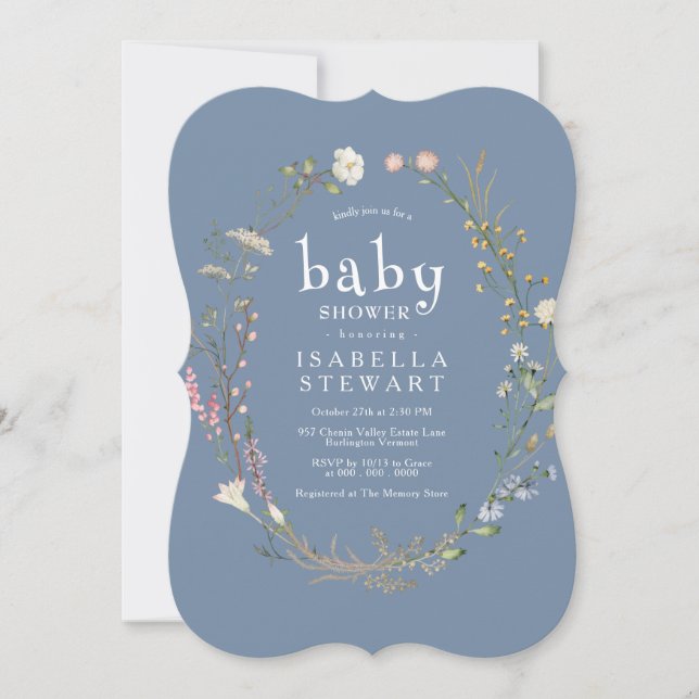 Invitation Fleur sauvage moderne Périwinkle Baby shower migno (Devant)