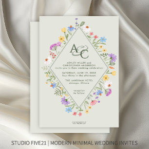 Invitation Fleur sauvage moderne Russe Monogram Sage Mariage