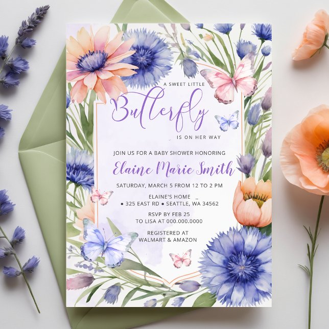 Invitation Fleur sauvage moderne  violet  papillon Baby showe (Modern Wildflowers Purple Butterfly Baby Shower Invitation)