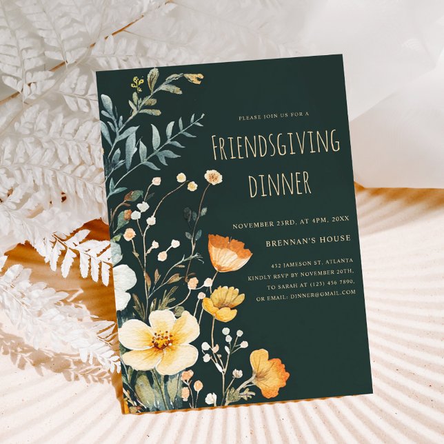 Invitation Fleur sauvage Moody Thanksgiving Friendsgiving Dîn (Wildflower Moody Thanksgiving Friendsgiving Dinner Invitation)