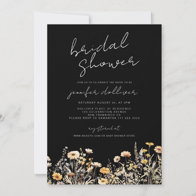 Invitation Fleur sauvage noir Boho Fête des mariées élégante (Devant)