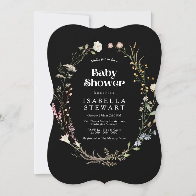 Invitation Fleur sauvage noir moderne Baby shower élégant (Devant)