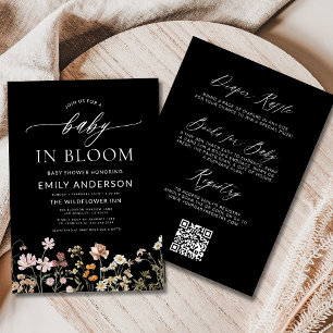 Invitation Fleur sauvage noir QR Code Baby in Bloom Shower