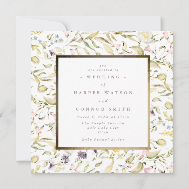 Invitation Fleur sauvage Pampas Gold Frame Spring Boho Mariag (Devant)