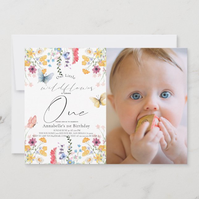 Invitation Fleur sauvage Papillon fille 1er anniversaire Phot (Devant)