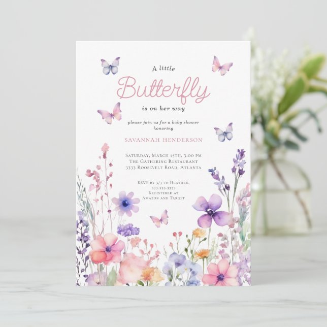 Invitation Fleur sauvage Papillon rose Baby shower Floral (Debout devant)