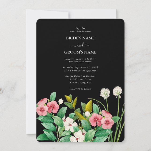 Invitation Fleur sauvage Périwinkle Aquarelle Mariage noir (Devant)