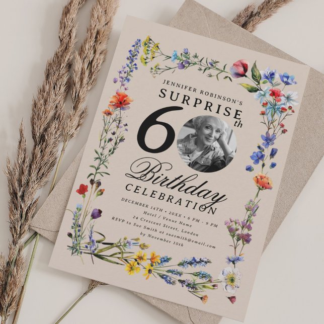 Invitation Fleur sauvage Photo SURPRISE 60e Anniversaire Cham (Wildflower Photo SURPRISE 60th Birthday Champagne Invitation)