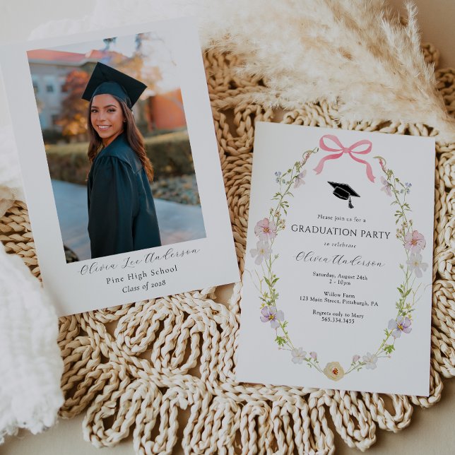 Invitation Fleur sauvage Pink Bow Graduation Photo Party (Créateur téléchargé)