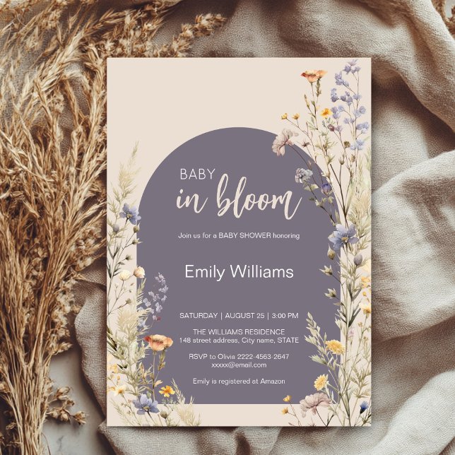 Invitation Fleur sauvage prairie élégant baby shower boho (A little wildflower elegant rustic boho watercolor baby shower invitation, baby in bloom)