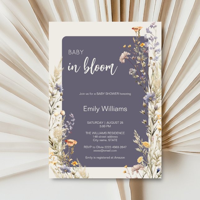 Invitation Fleur sauvage prairie élégant baby shower boho (A little wildflower elegant rustic boho watercolor baby shower invitation, baby in bloom)