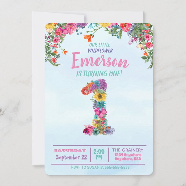 Invitation Fleur sauvage, premier anniversaire, un, floral (Devant)