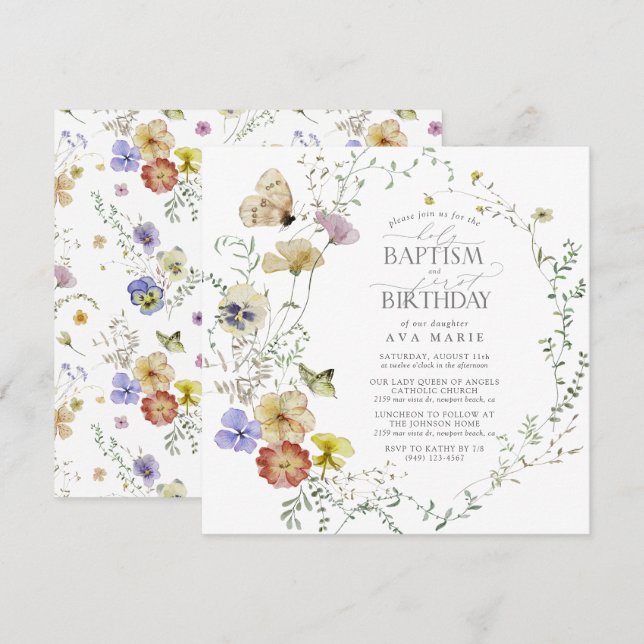 Invitation Fleur sauvage Printemps Été Baptême 1er anniversai (Devant / Derrière)