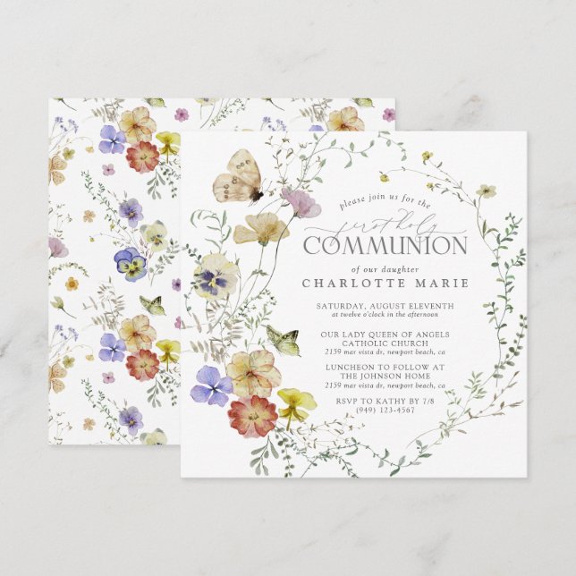 Invitation Fleur sauvage Printemps Été Première communion sai (Devant / Derrière)