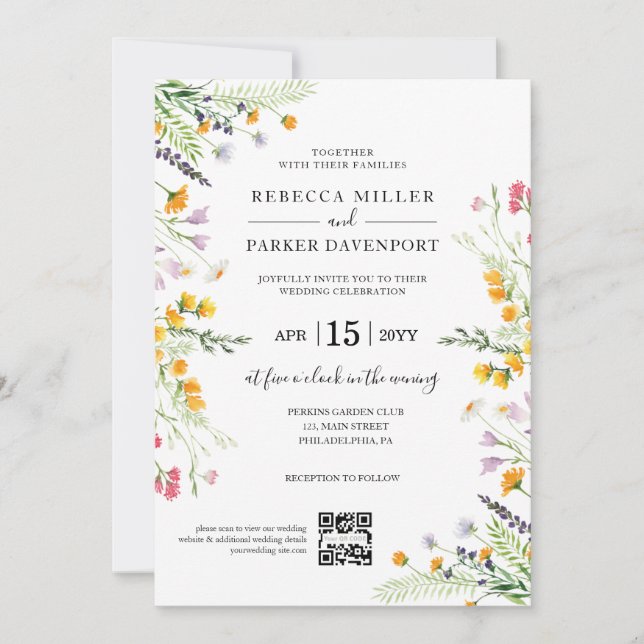Invitation Fleur sauvage printemps moderne Mariage QR Code (Devant)