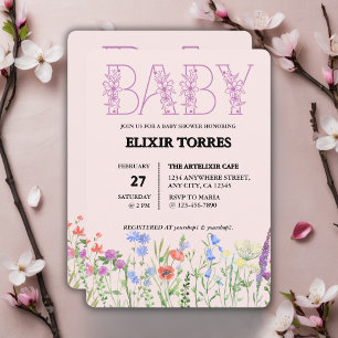 Invitation Fleur sauvage Purple Floral Baby Monogram Baby sho