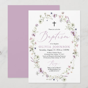 Invitation Fleur sauvage Purple Floral Girl Baptême Invitatio