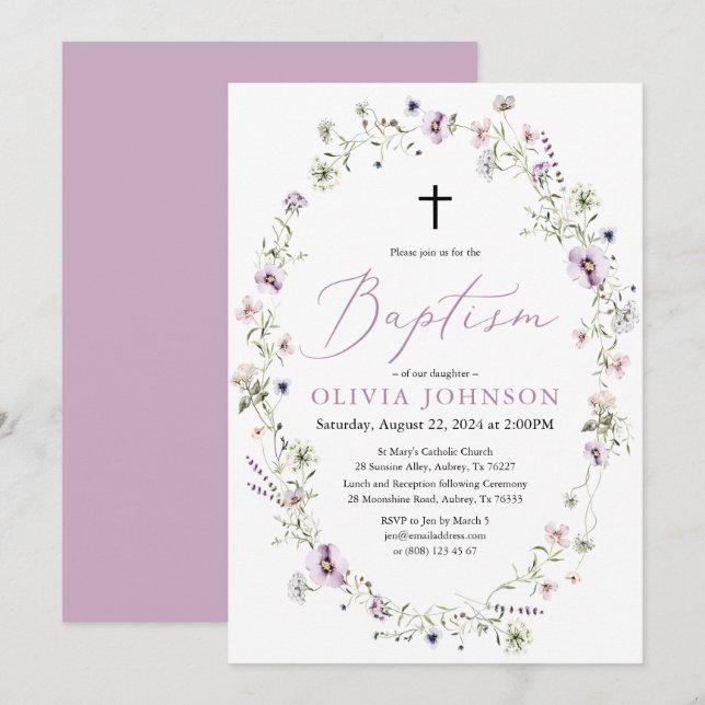 Invitation Fleur sauvage Purple Floral Girl Baptême Invitatio (Devant / Derrière)