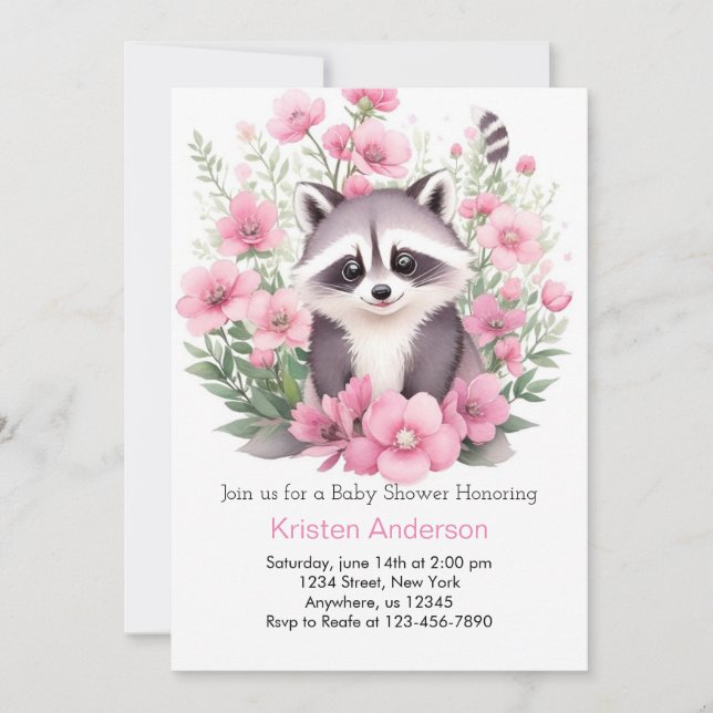 Invitation Fleur sauvage Raccoon Pink Adventure Girl Baby sho (Devant)