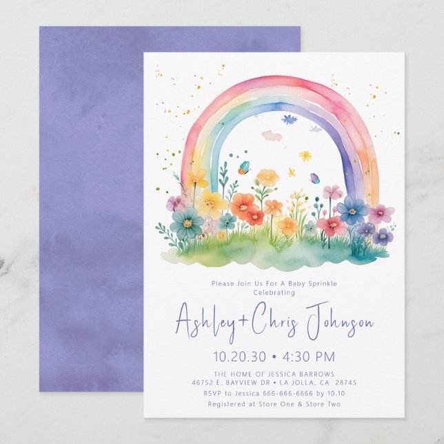 Invitation Fleur sauvage Rainbow Baby Girl Sprinkle Invitatio (Devant / Derrière)