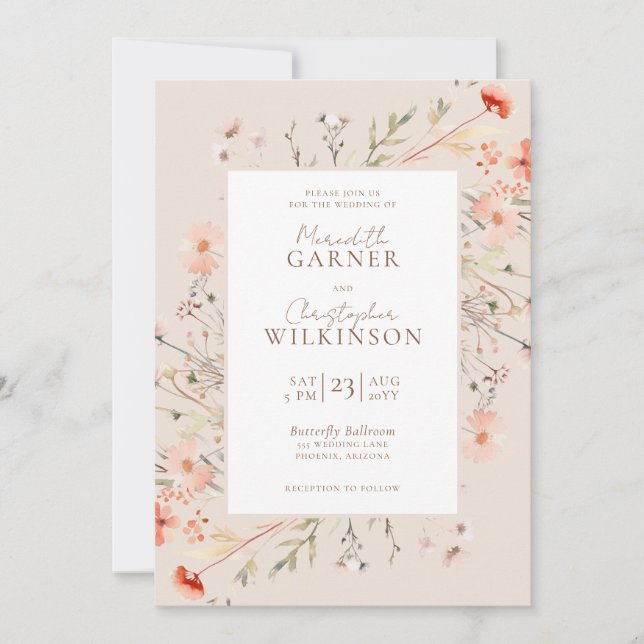 Invitation Fleur sauvage romantique Boho Mariage rose (Devant)
