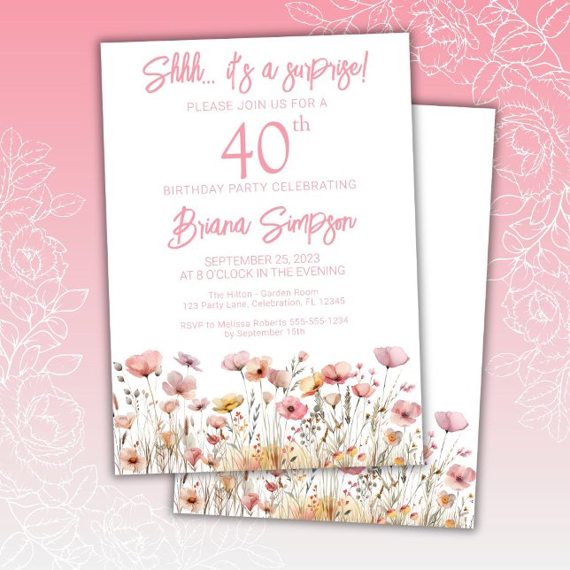 Invitation Fleur sauvage rose 40e fête d'anniversaire surpris (Créateur téléchargé)