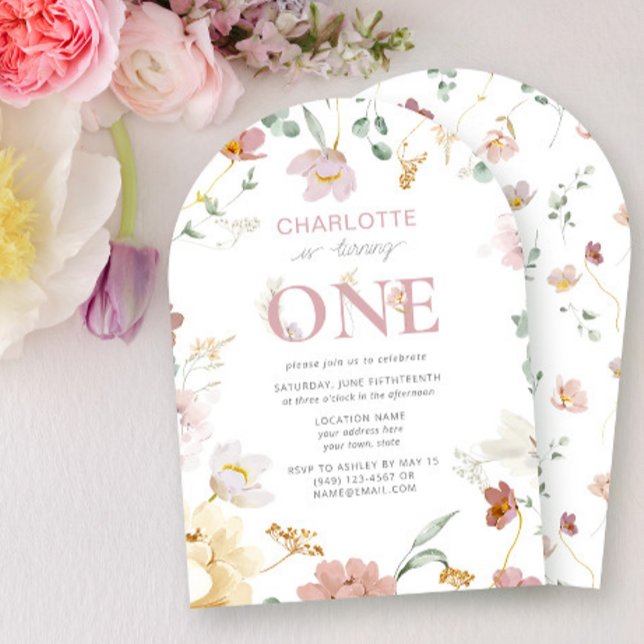 Invitation Fleur sauvage rose à un 1er anniversaire (Créateur téléchargé)
