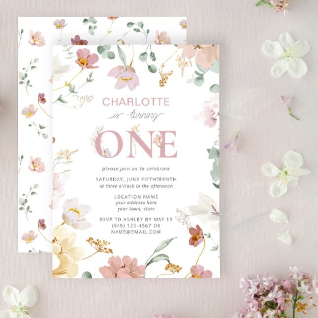 Invitation Fleur sauvage rose à un 1er anniversaire (1st Birthday Invitation)