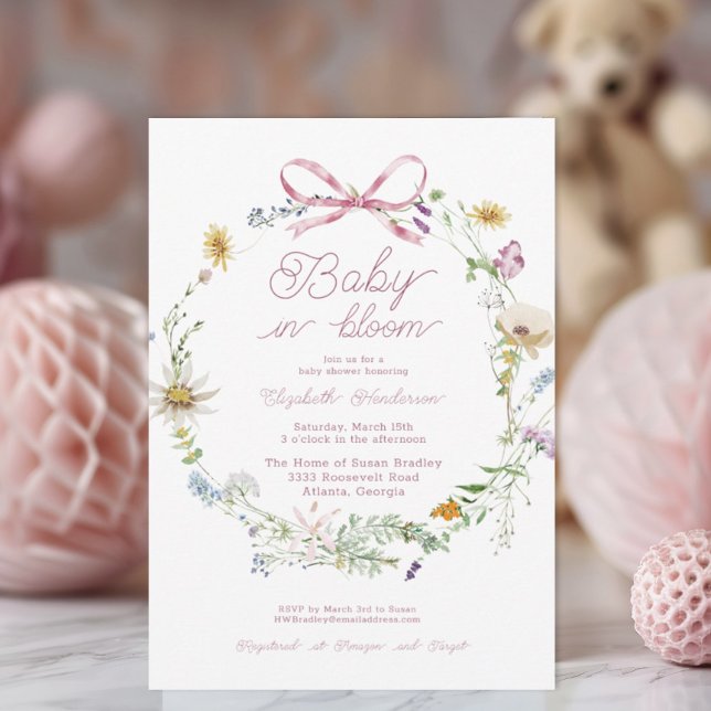Invitation Fleur sauvage Rose Bébé Bow dans le Baby shower en (Créateur téléchargé)